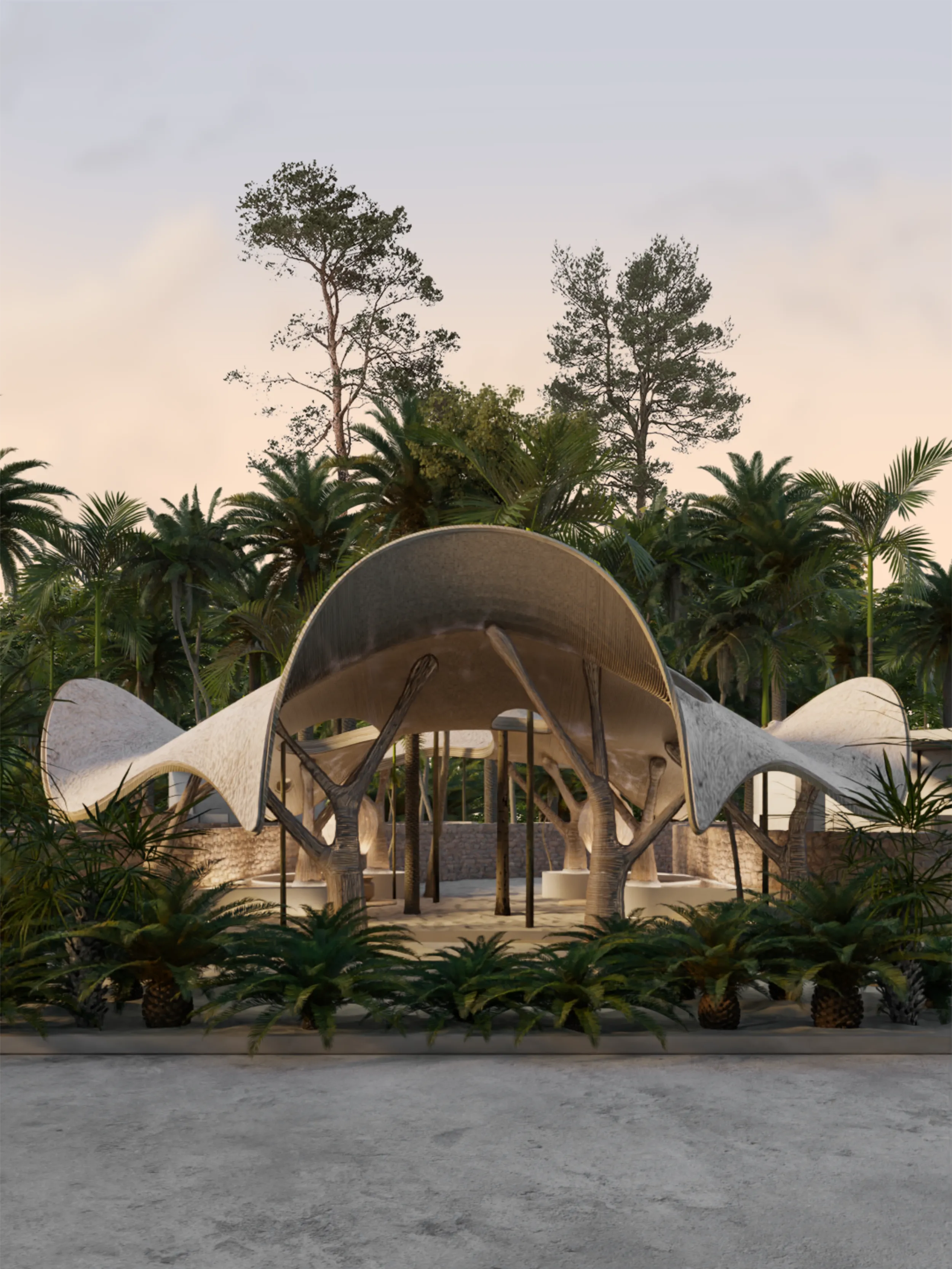 Render of the Ahau Tulum motor lobby featuring a manta-ray inspired bamboo canopy with a chukum finish, supported by bio-parametric branching columns amidst the jungle.