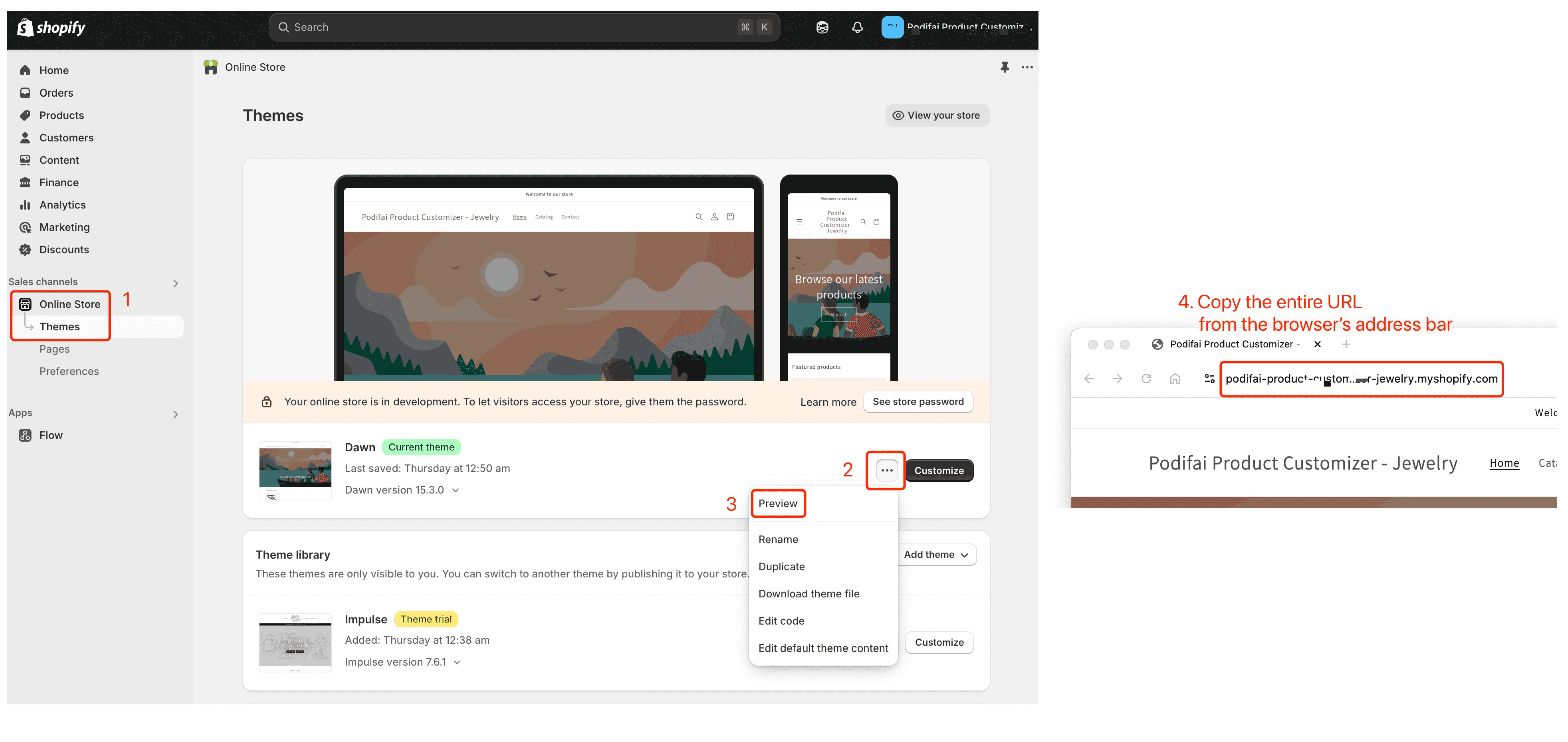 Find and copy your Shopify store URL by previewing your online store from the dashboard and copying the full URL from the browser's address bar.