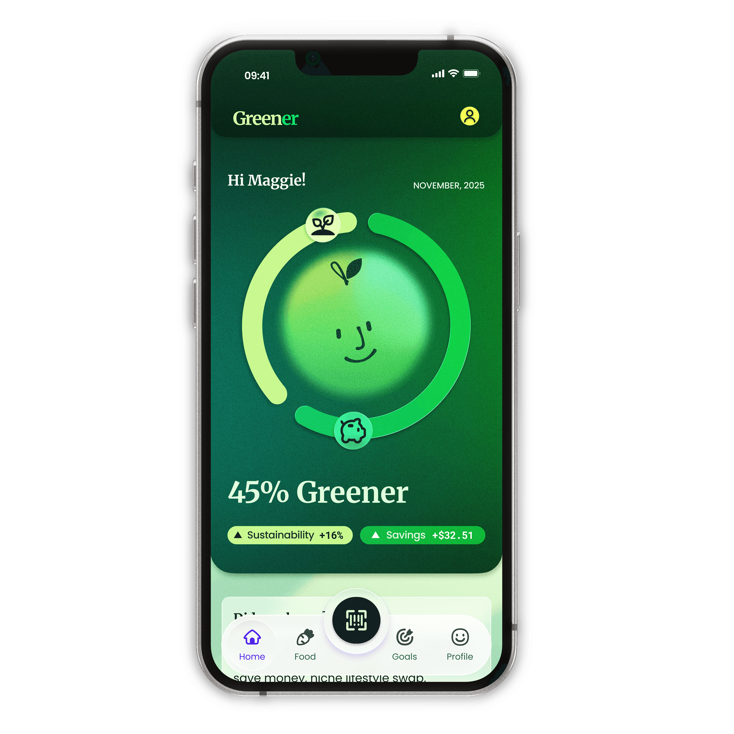 Greener app dashboard: 45% Greener, +16% Sustainability, +$32.51 Savings.