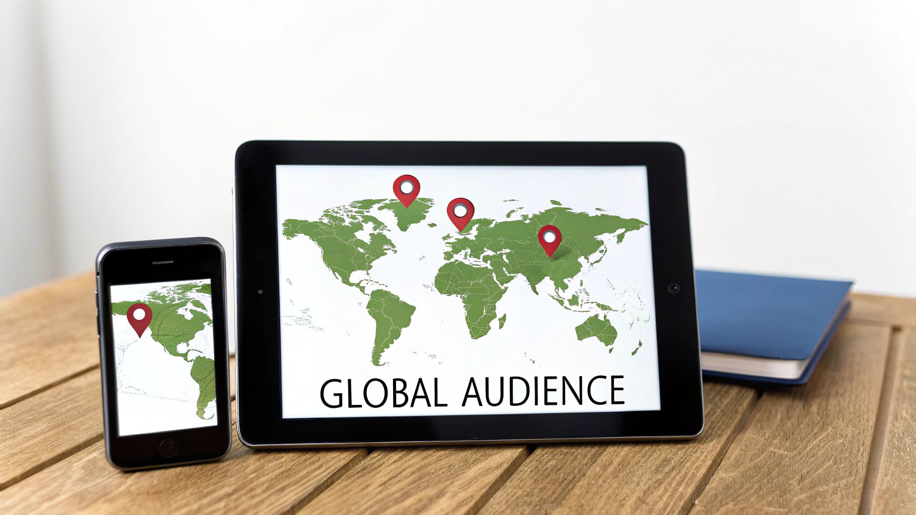 A smartphone and tablet display a world map with pins, showing a 'GLOBAL AUDIENCE'.
