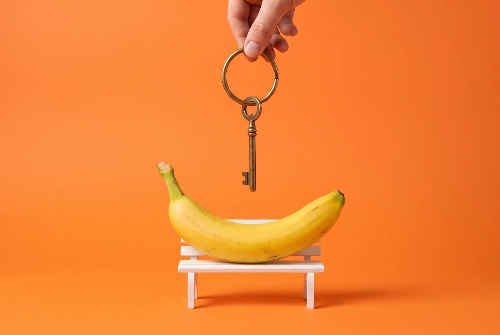 A hand holding a brass key ring above a banana on a bench, choosing a lock holder to block adult sites on your phone permanently