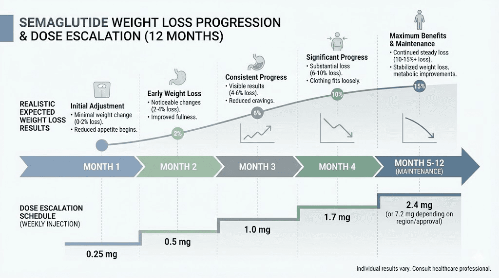 Realistic semaglutide weight loss timeline over 12 months with dose schedule