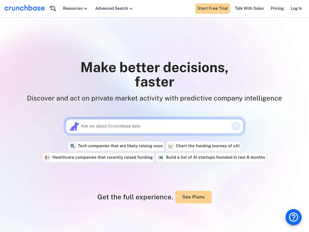 Crunchbase homepage with search bar for predictive company intelligence on private market activity and AI-powered data queries