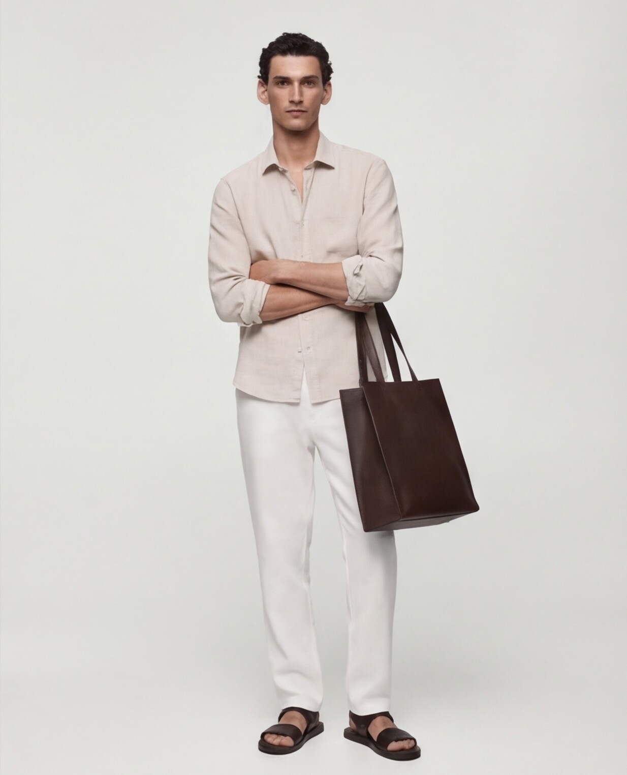 Beige Linen Shirt with White Trousers