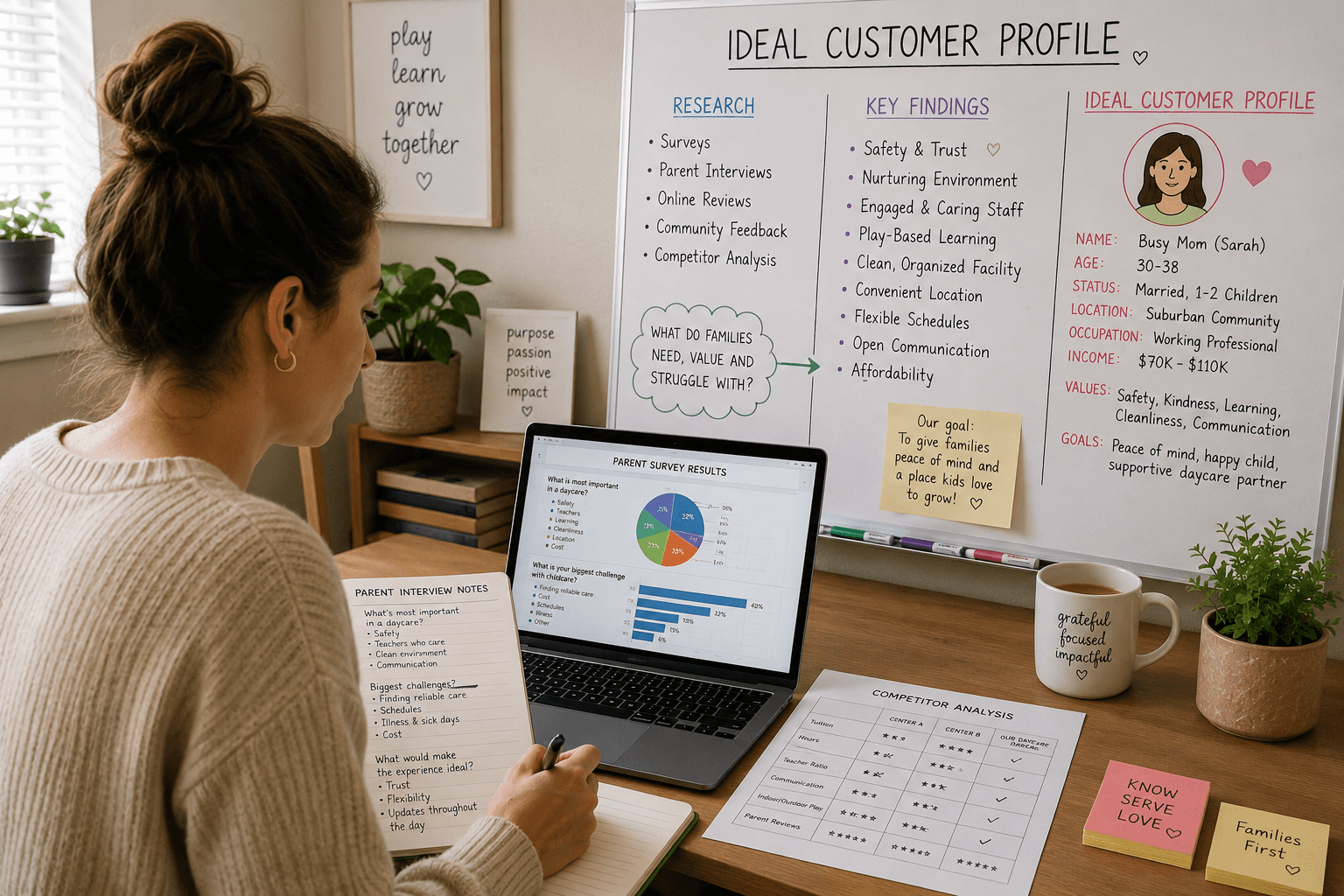 a woman sits at her desk doing research in front of a whiteboard that says "ideal customer profile"