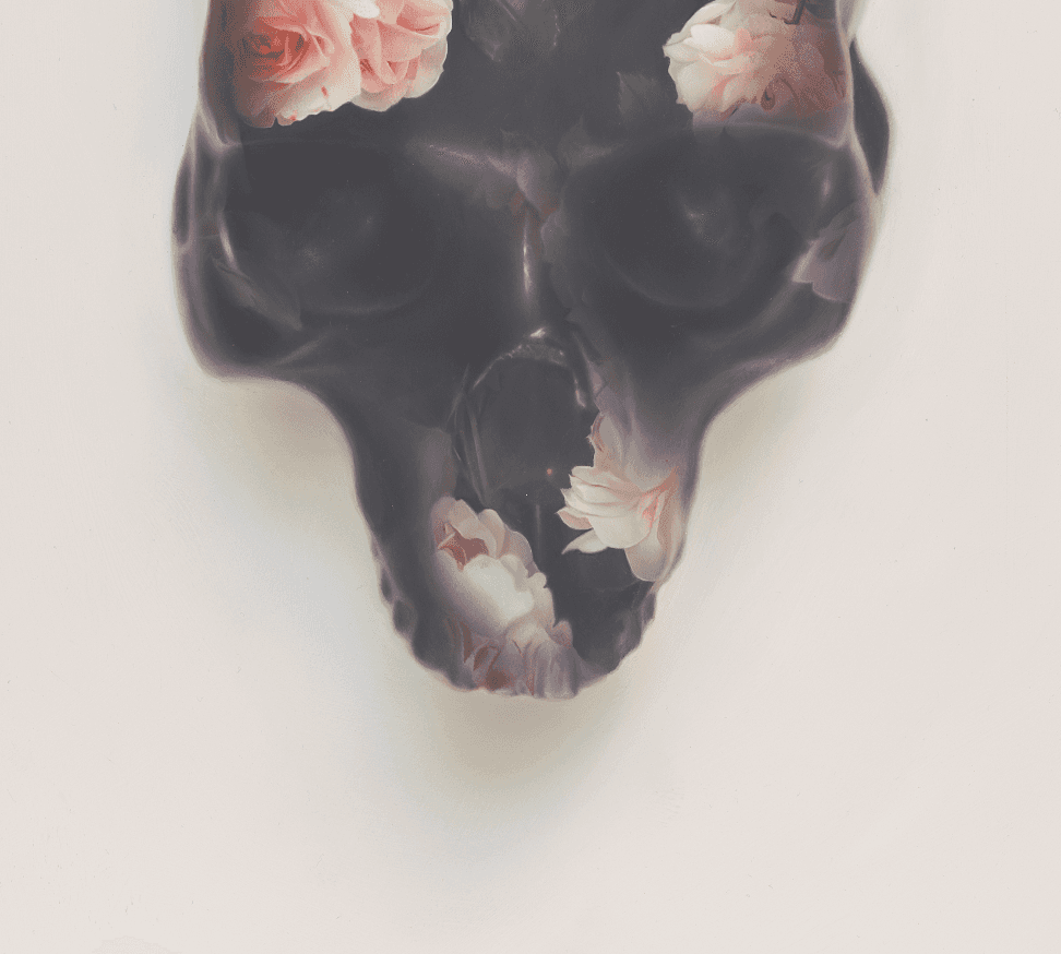 black skull painting overlayed with flowers and roses