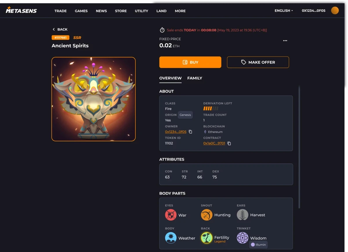 Metasens NFT detail page for Ancient Spirits SSR #1117661, Fire class Genesis NFT listed at 0.02 ETH on Ethereum