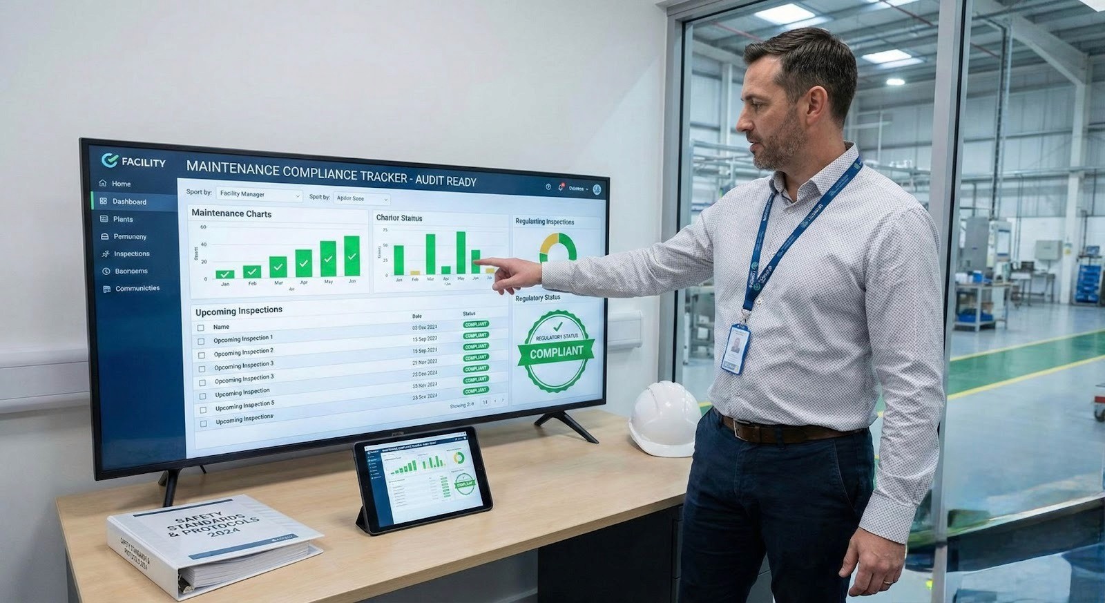 A professional reviewing a maintenance compliance dashboard, demonstrating how facility management software helps aged care providers meet safety standards and stay audit-ready.
