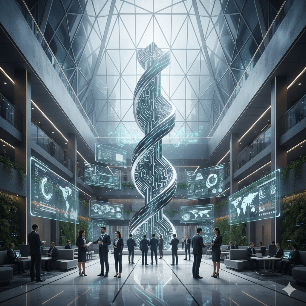 Futuristic corporate lobby with digital glass displays and professional meeting zones in Sector 74 Gurugram.