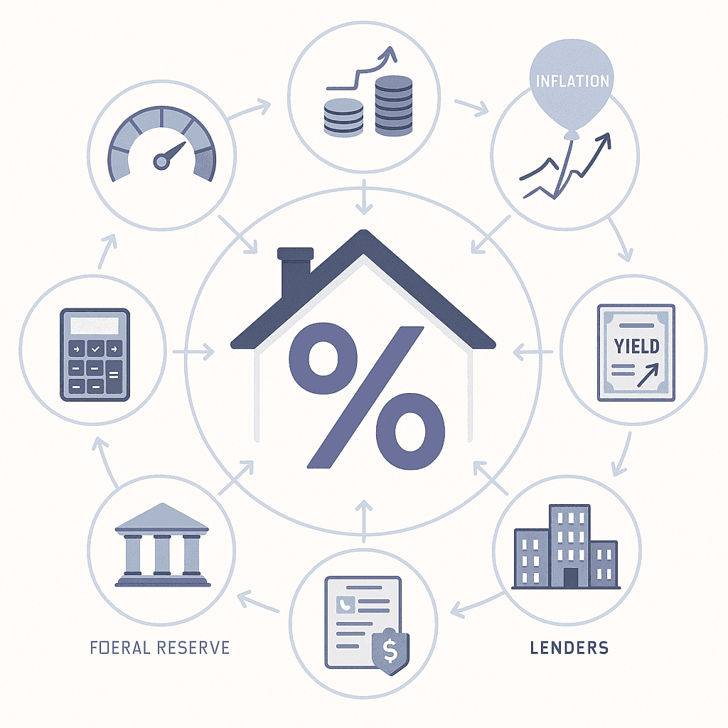 Hub-and-spoke diagram of economic and personal factors feeding into a central mortgage rate icon.