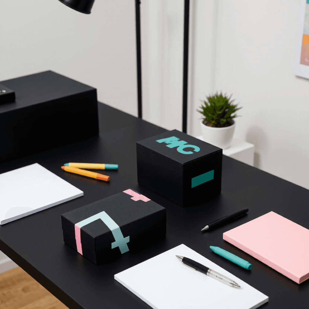product photography of Two black boxes with graphic designs