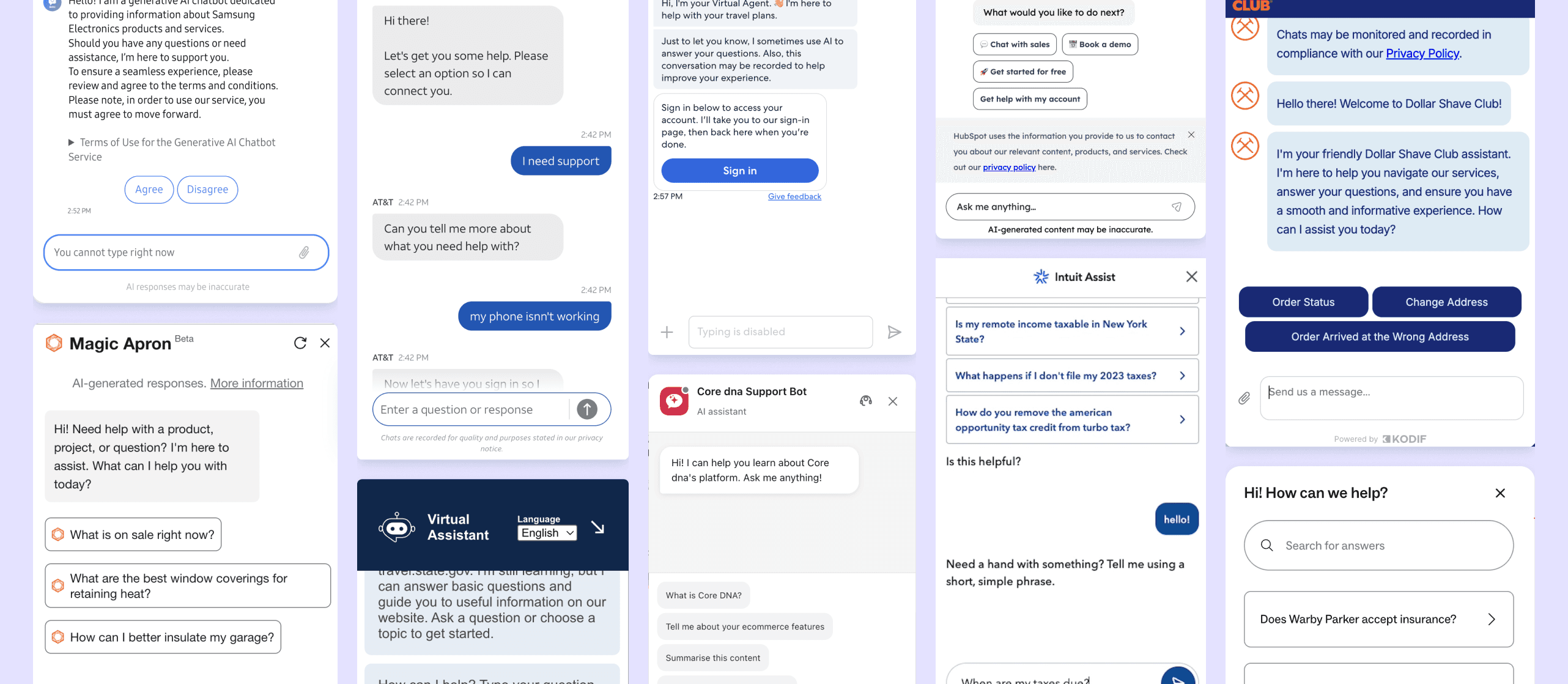 Screenshots of different AI chat bots across different platforms