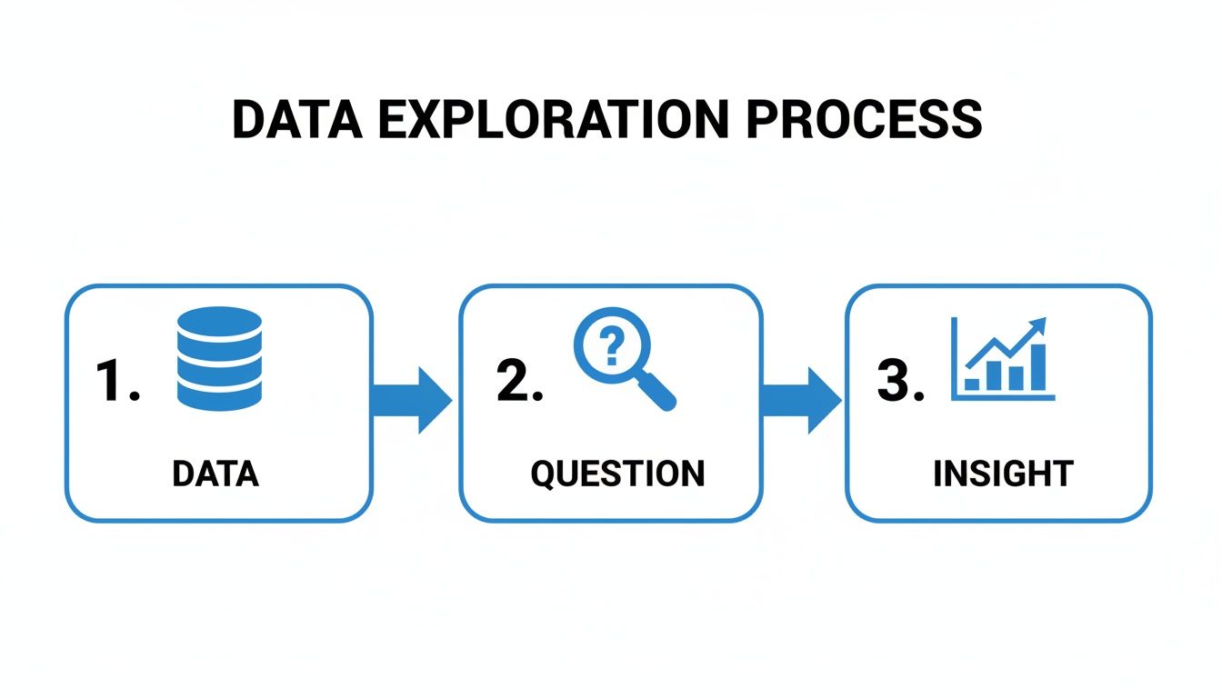 A flowchart illustrating the data exploration process, moving from Data to Question, then to Insight.