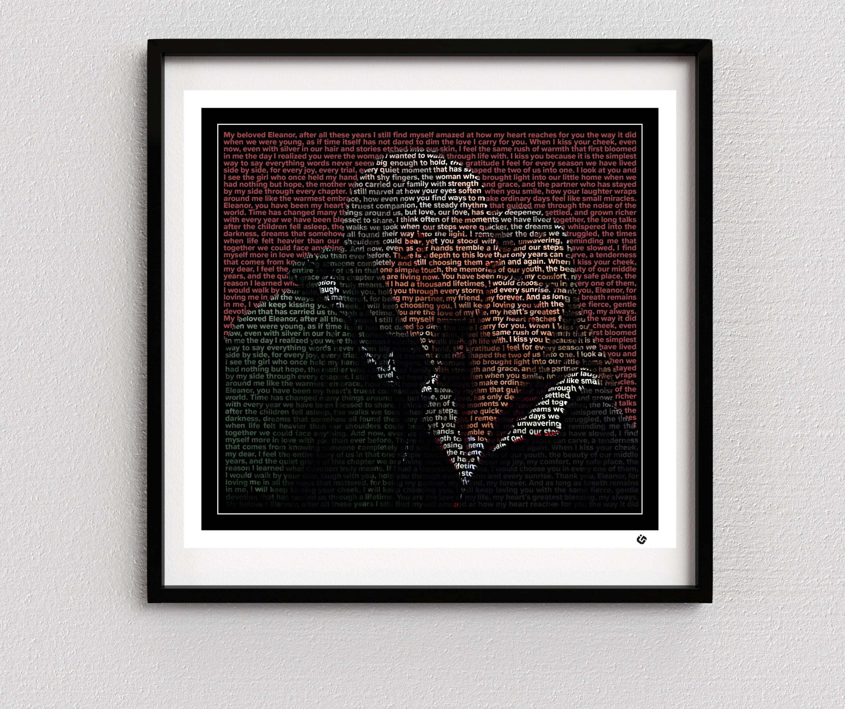 Custom text portrait of an elderly couple embracing closely, created entirely from meaningful words that form their faces and silhouettes, framed with a thin white line, black border, and white mat.