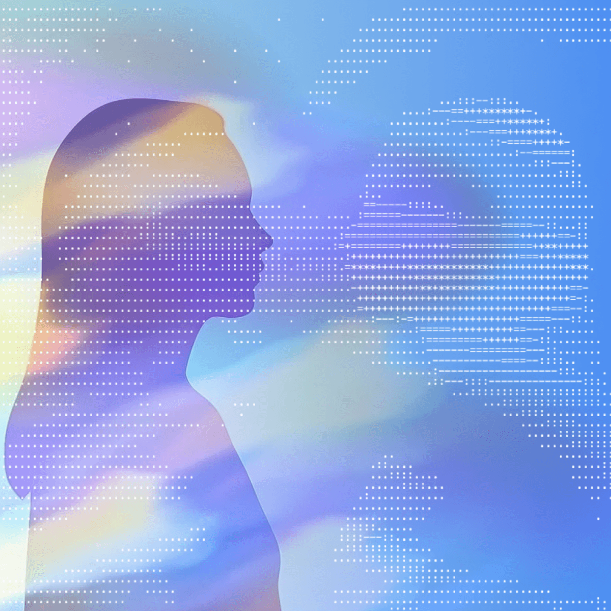 A silhouette of a person’s profile against a colorful abstract background with soft, blended hues.