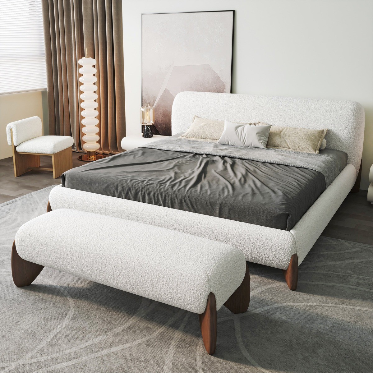 Modern bedroom featuring a Curva white boucle king size bed with a matching bench, soft neutral tones, and elegant decor.