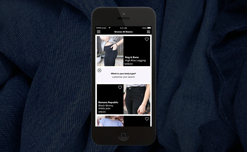 A black smartphone displays a clothing retail website interface. The screen shows product categories including "Rog & Bone High Rise Legging" priced at $198.00 and "Banana Republic Black Skinny Ankle Jean" priced at $98.00. Below the products, a prompt asks "What is your body type?" with options to customize the search. The phone rests on a dark blue fabric surface.