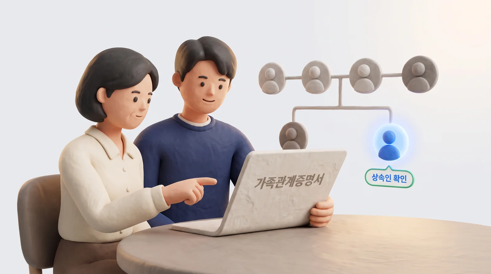 어머니와 성인 아들이 가족관계증명서를 보며 상속순위에 따라 상속인을 확인하는 장면