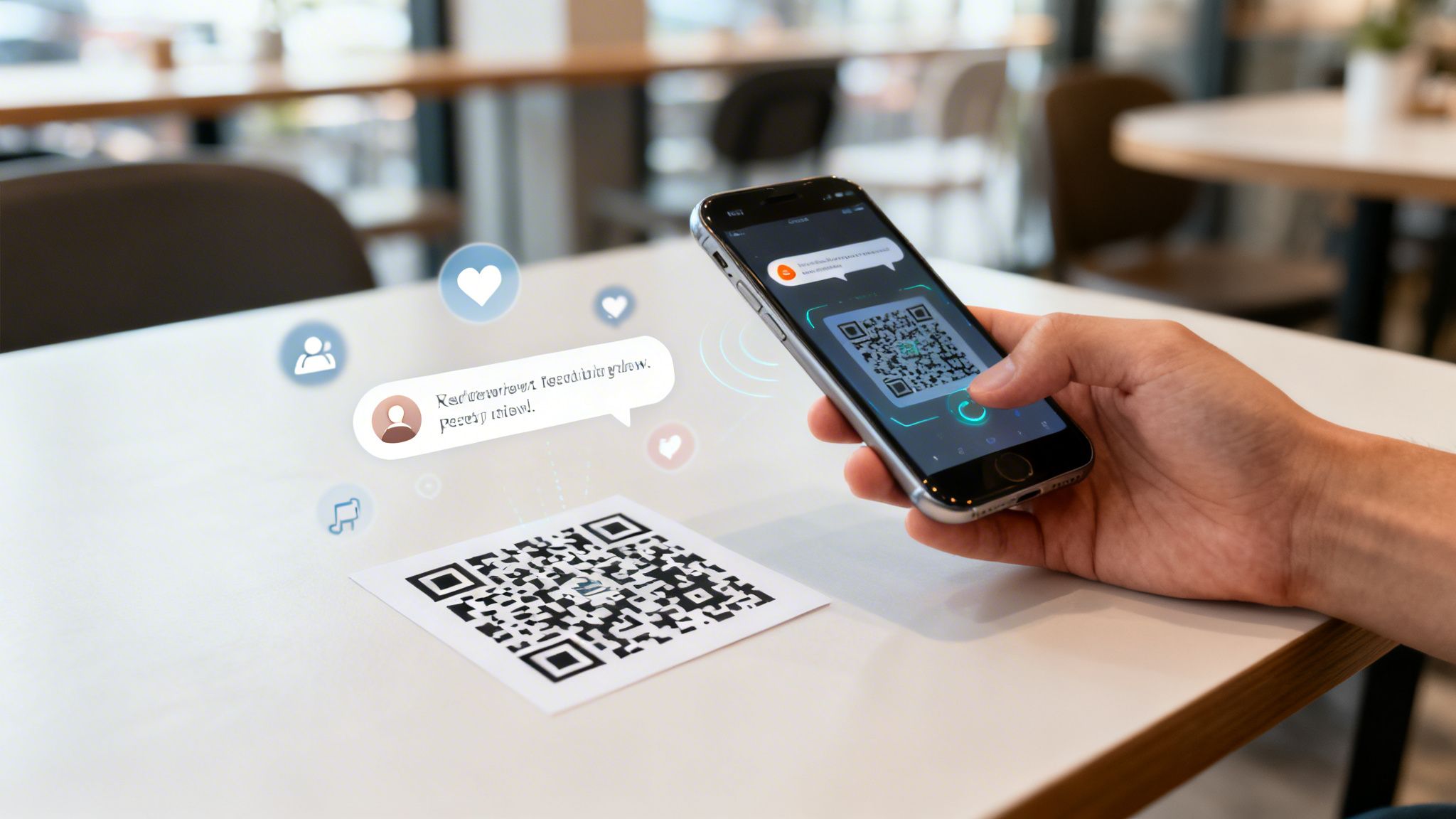 Hand holding a smartphone scanning a QR code with augmented reality overlays in a modern cafe.