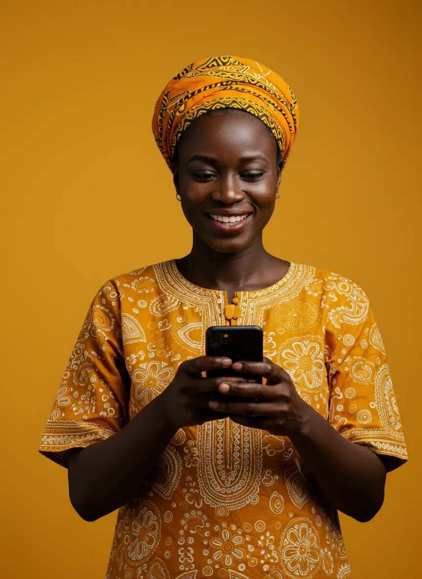 Smiling woman in traditional West African attire, booking a local experience on her smartphone.