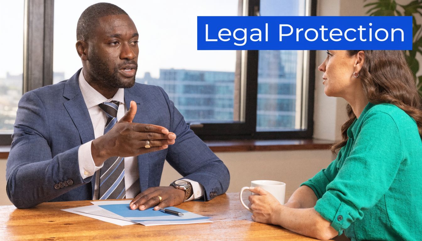A professional lawyer wearing a suit sits at a desk discussing legal matters with a female client.