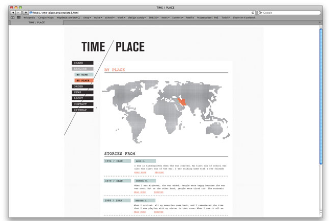 A screenshot of a computer screen displays a webpage titled “TIME PLACE” with a world map graphic centered on the Middle East. The map is rendered in gray tones with a highlighted region in red. Below the map, the section titled “STORIES FROM” lists three entries: “1954 / 1948”, “1979 / 1988”, and “1988 / 1998”, each with a brief description. The browser’s address bar shows “http://time-place.org/explore3.com” at the top left. Standard browser controls, including back, forward, refresh, and reload buttons, are visible in the top right corner.