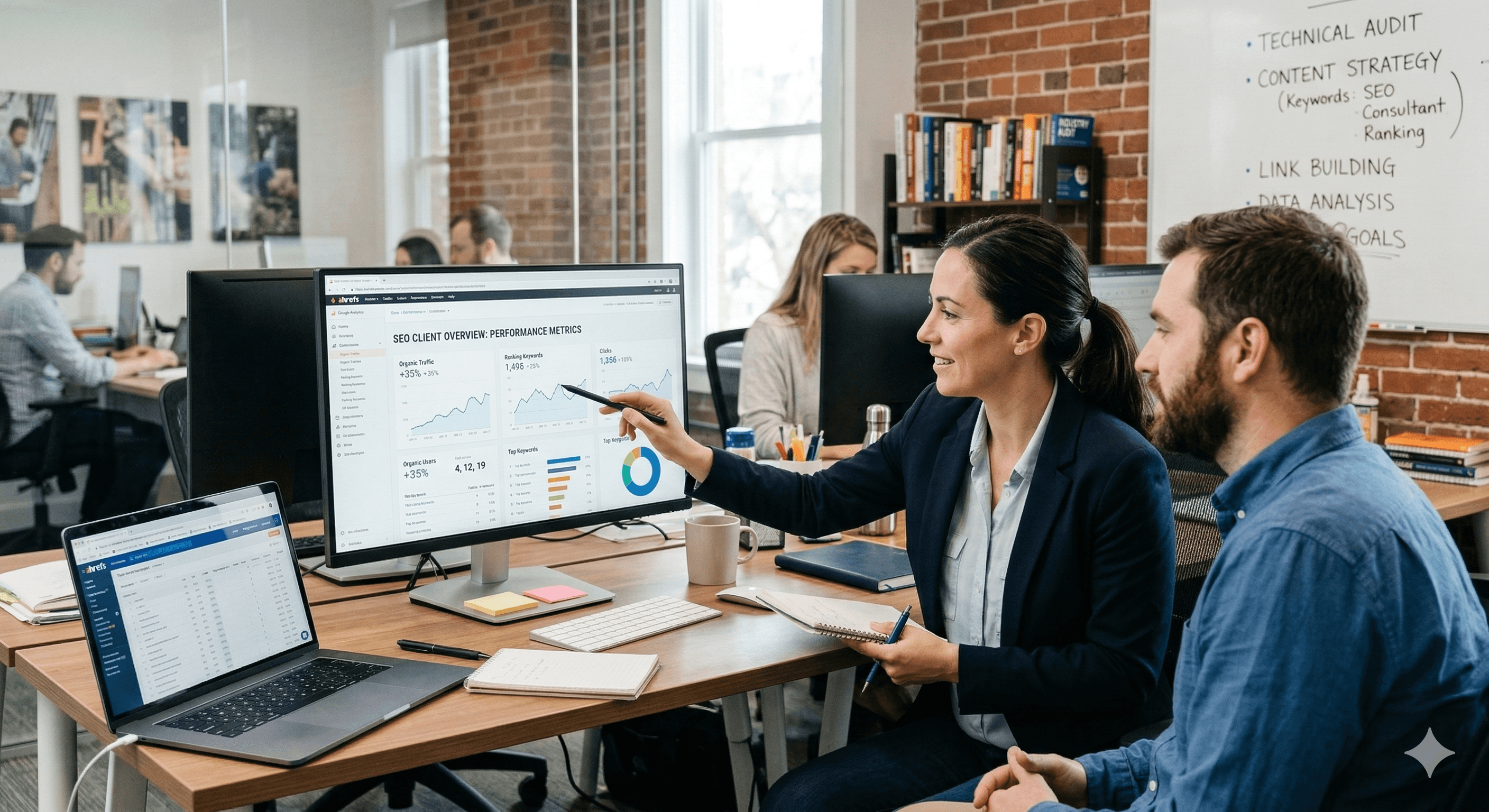 SEO consultant sitting with a client showing them results on a computer screen