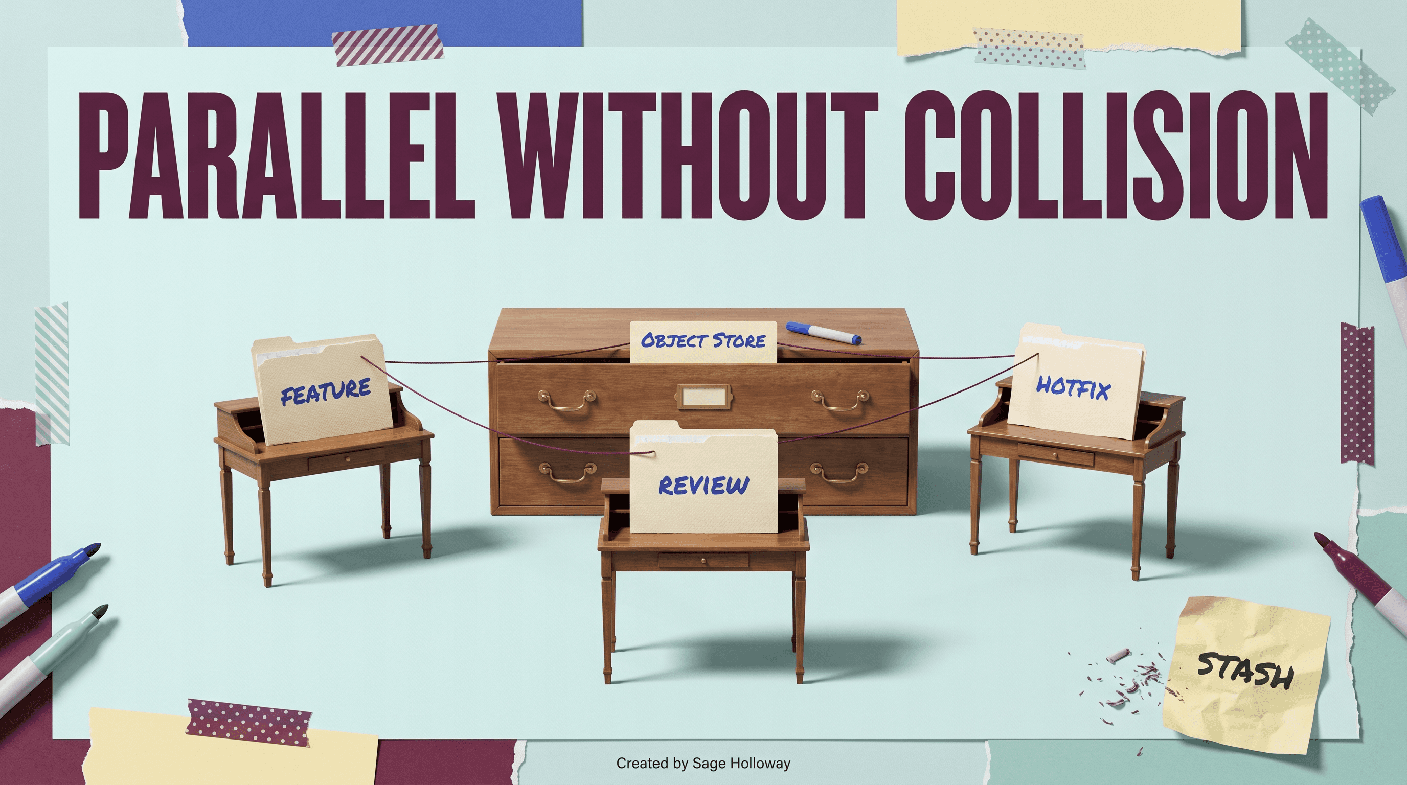 Editorial illustration of Claude Code worktrees as parallel isolated desks sharing one archive drawer