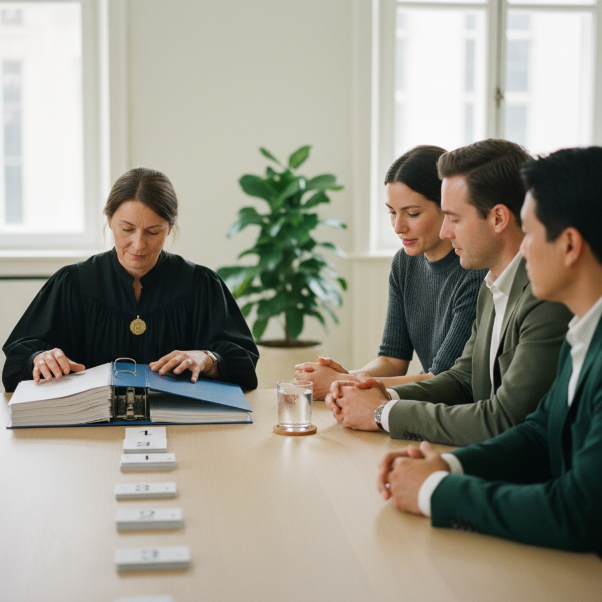Ein Notar blättert sorgfältig in einem Protokollordner, während zwei Beiratsmitglieder leise Rücksprache halten. Neben ihnen steht ein Glas Wasser, auf dem Tisch liegen diskret nummerierte Stimmkarten. Die Szene vermittelt Verbindlichkeit, Ruhe und professionelle Vorbereitung.