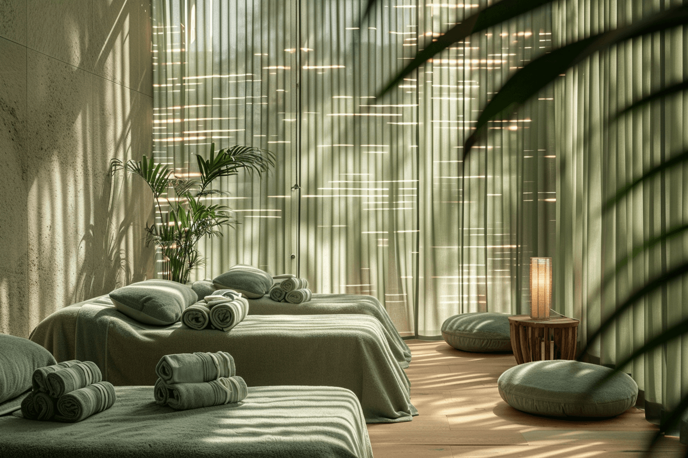 A serene and elegant spa space with wooden reclining chairs and white cushions. Golden sunlight filters through a cascading water feature, creating a peaceful atmosphere. Tropical plants and candles add to the relaxing ambiance.