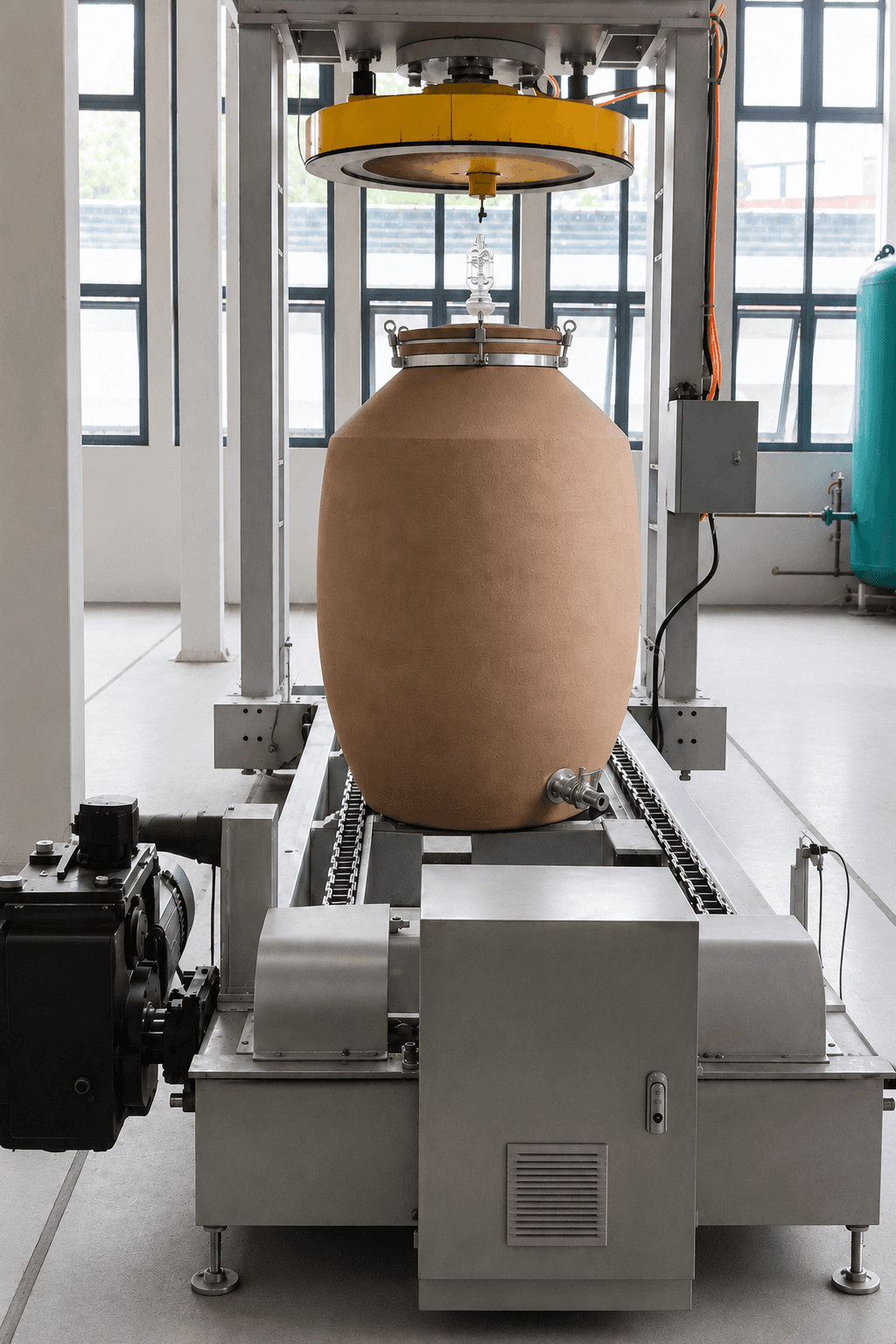 A terracotta amphora on the forming press inside the factory