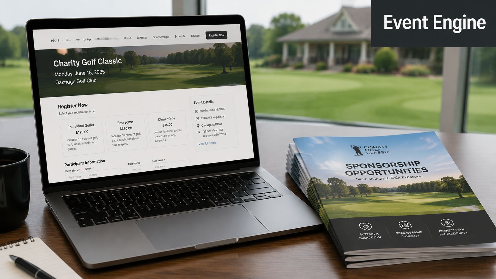 A laptop displaying a golf tournament registration website next to a brochure detailing charity golf sponsorship opportunities.
