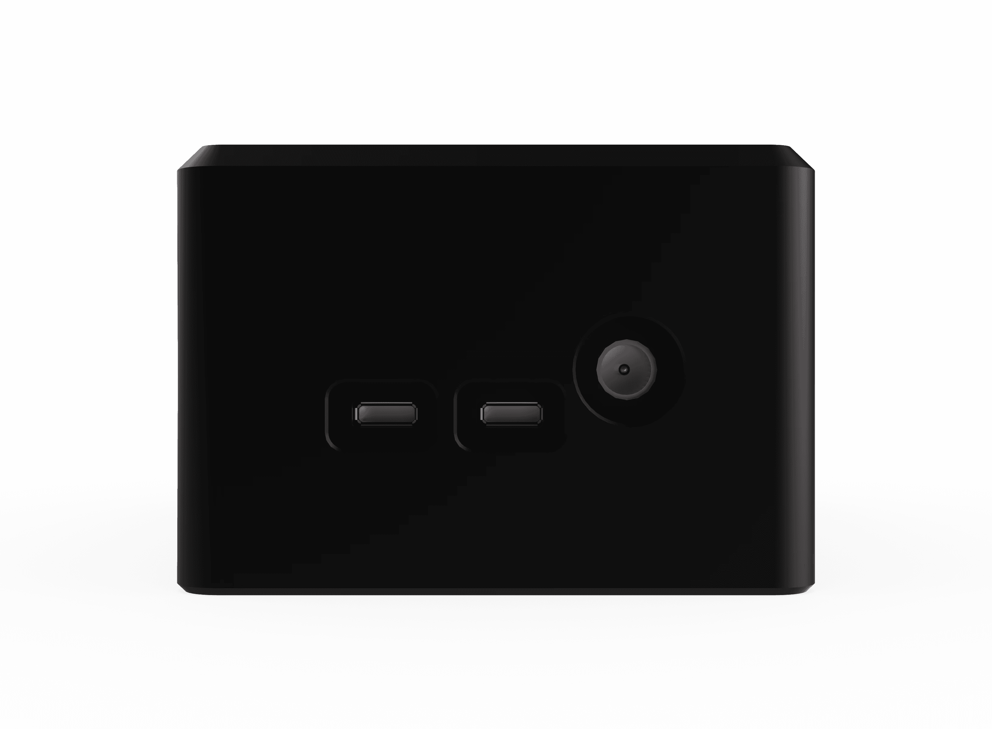 Short side view of the Riff MIDI Link control station in matte black plastic, focusing on the connection ports for electric devices, on a transparent background.