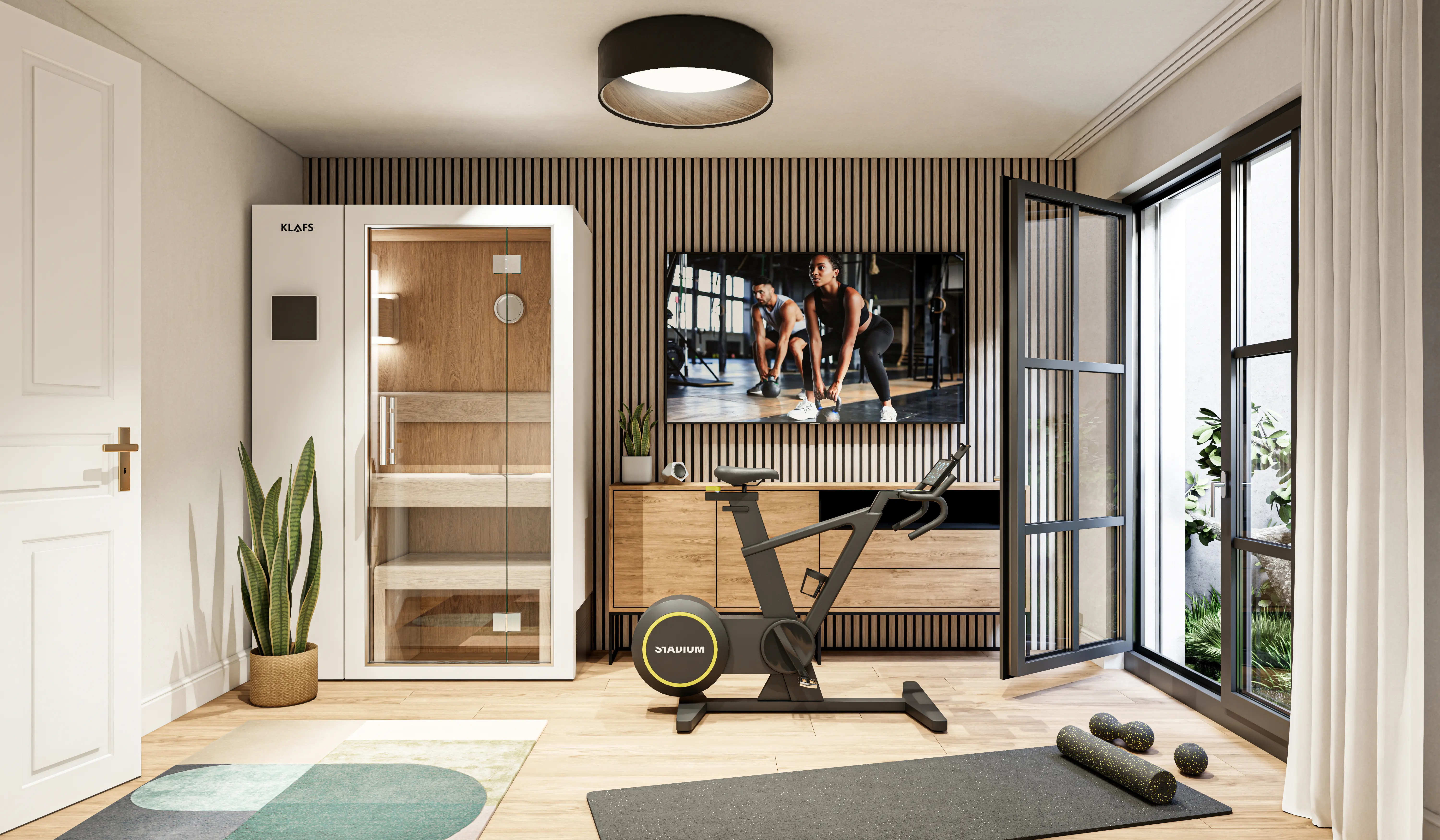 Fitness- und Wellnessraum mit Sauna und Trainingsbereich in einer modernen Neubauwohnung.