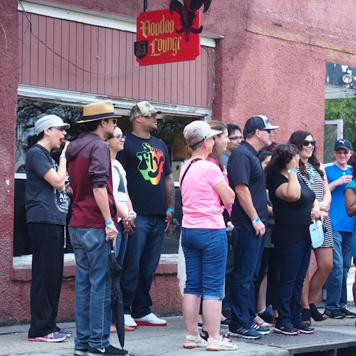 Treme group about to cross N Rampart Street to begin the tour, first stop, Armstrong Park