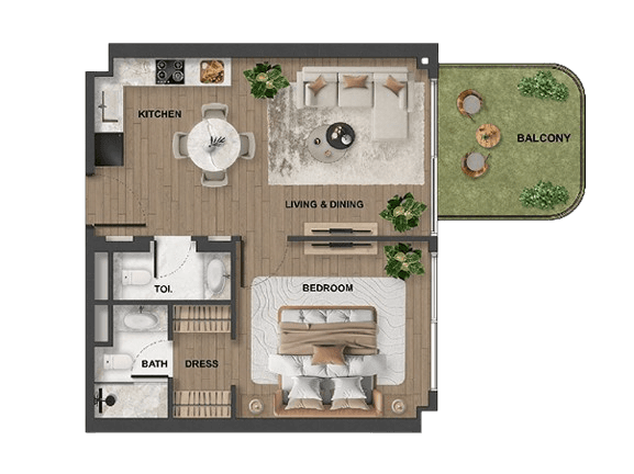 Floor plan depicting a 1-bedroom apartment at Blue Marina Residence, highlighting room sizes and layout.