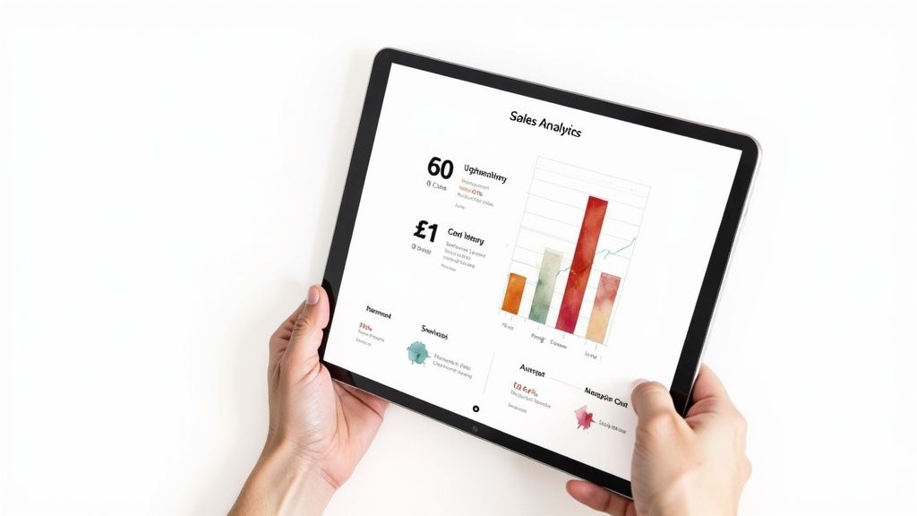 Hands hold a tablet displaying a clean sales analytics dashboard with charts and data.