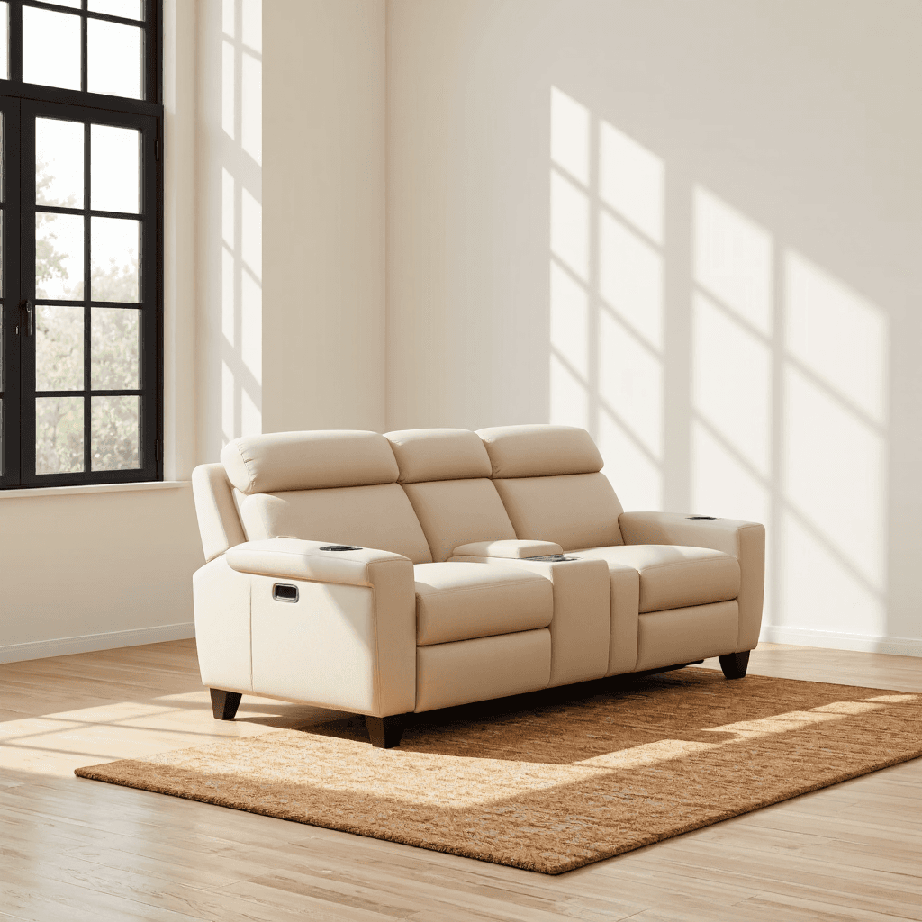product photography of a reclining sofa with cup holders and a console