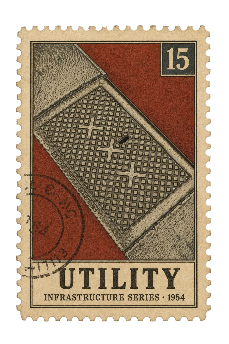 Vintage postage stamp of an ornate manhole cover