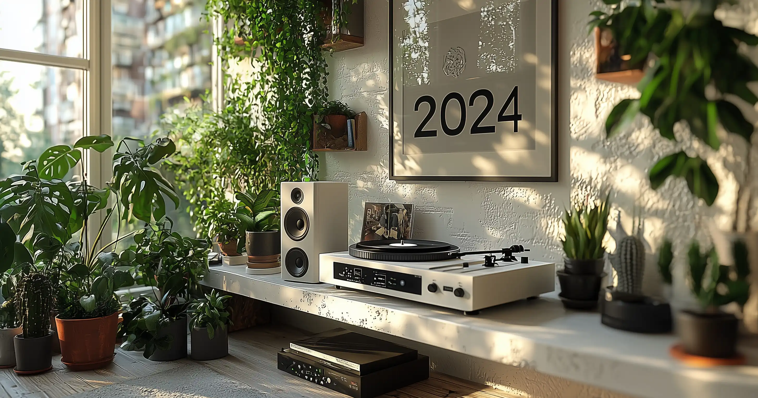 a room with plants and a poster with the year 2024 written on it, below a turntable and music speaker sits