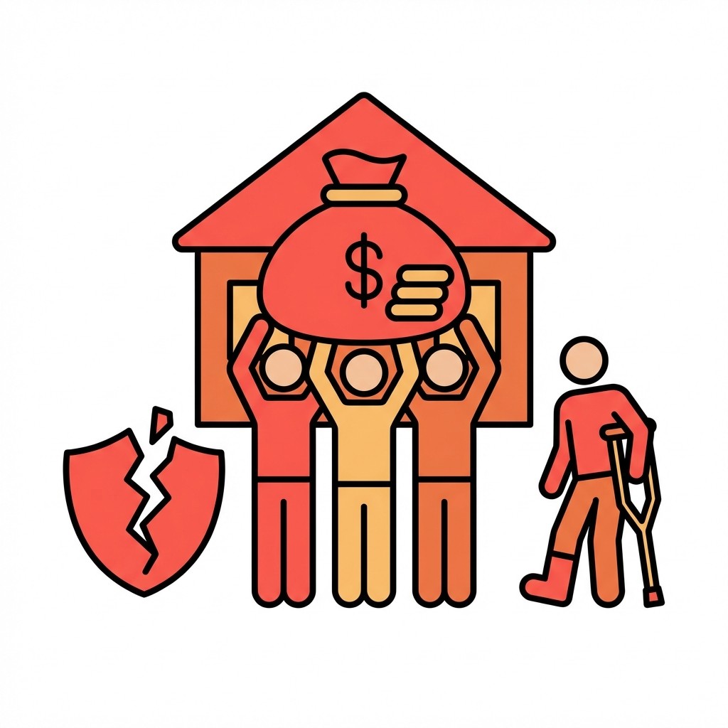 Drei Personen tragen einen Geldsack in einem Haus, flankiert von einem zerbrochenen Schild und einem Verletzten an einer Krücke.