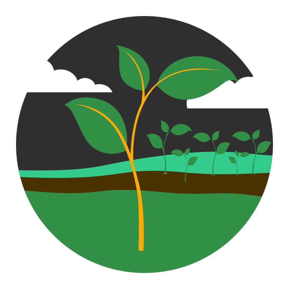 Illustratie van een hand die een zaailing plant in groene aarde onder een blauwe hemel, wat staat voor herbebossing en milieumaatregelen.