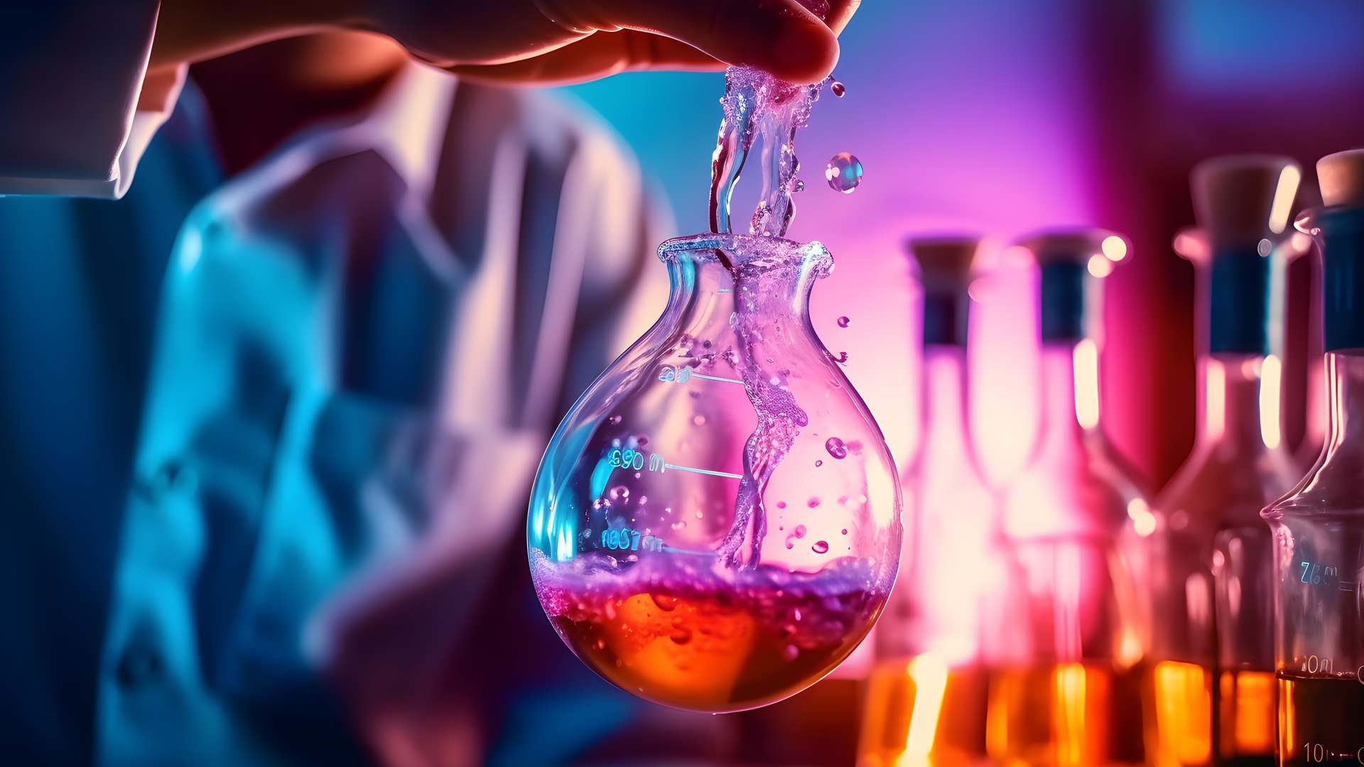 Scientist in a white coat pouring liquid into a round-bottomed glass flask of orange liquid, under pink and blue laboratory lighting