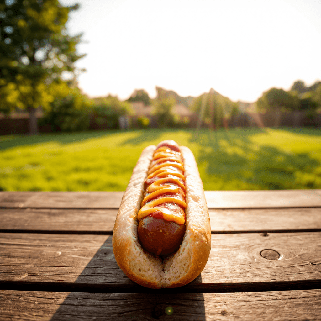 product photography of a hot dog in a bun with mustard and ketchup