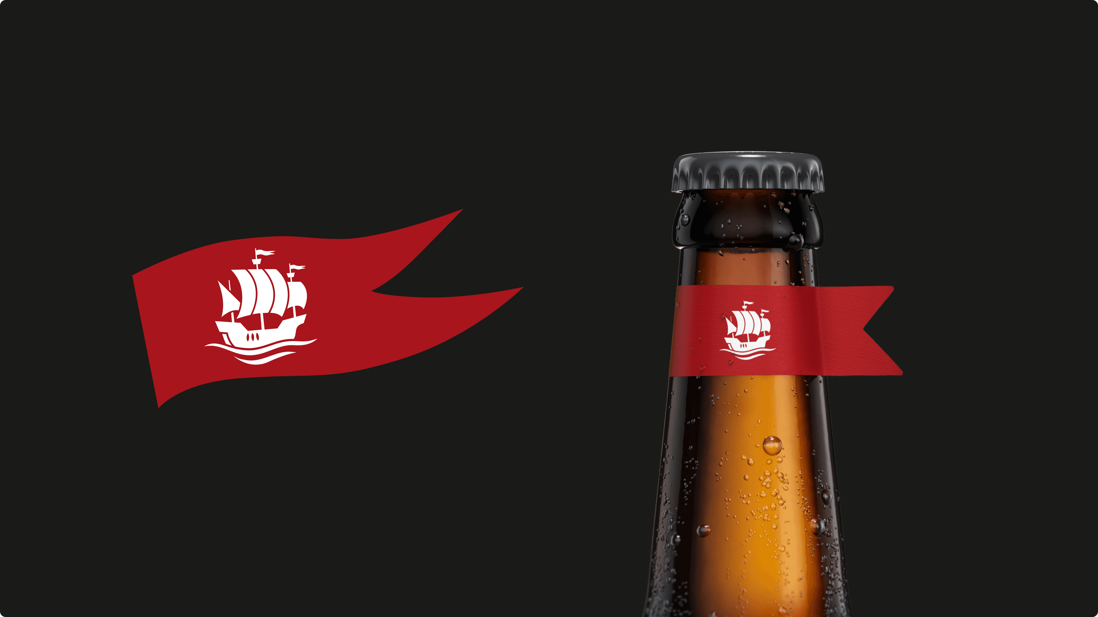 Beer with red flag logo on black background.