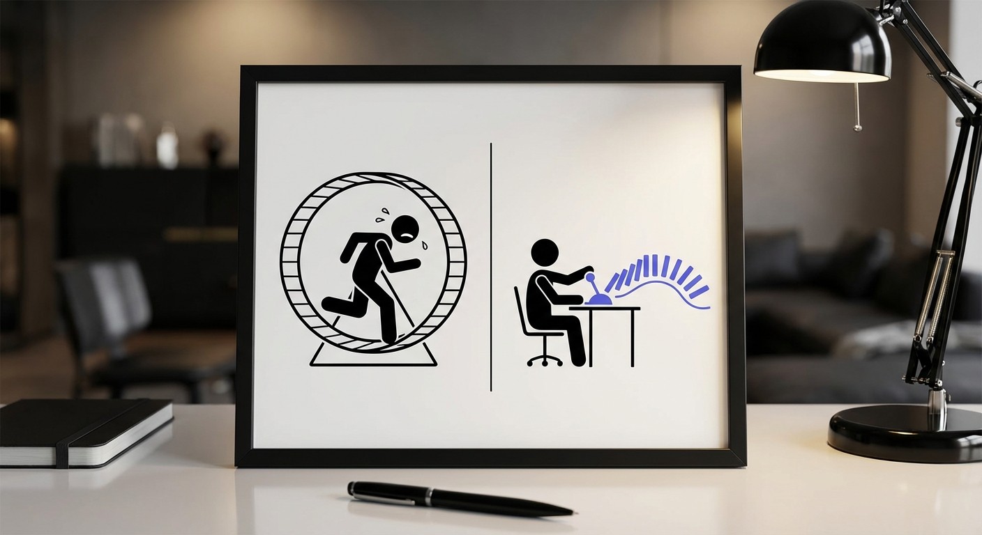 A comparison diagram showing a stressed person running on a manual hamster wheel versus a calm person using a simple lever system to automate their work.