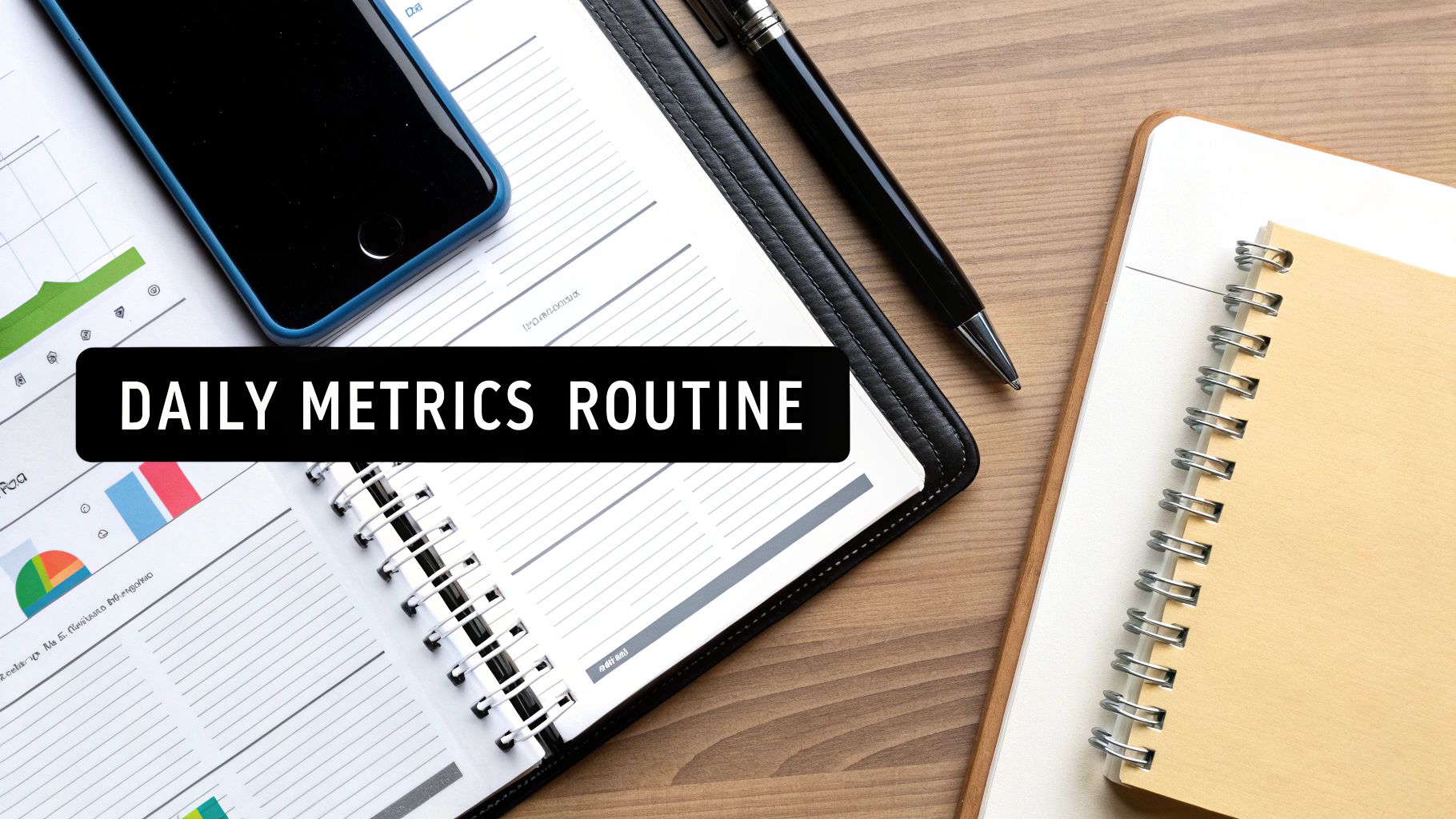 Flat lay of a desk with a smartphone, planner, and pen, displaying 'DAILY METRICS ROUTINE' text and charts.