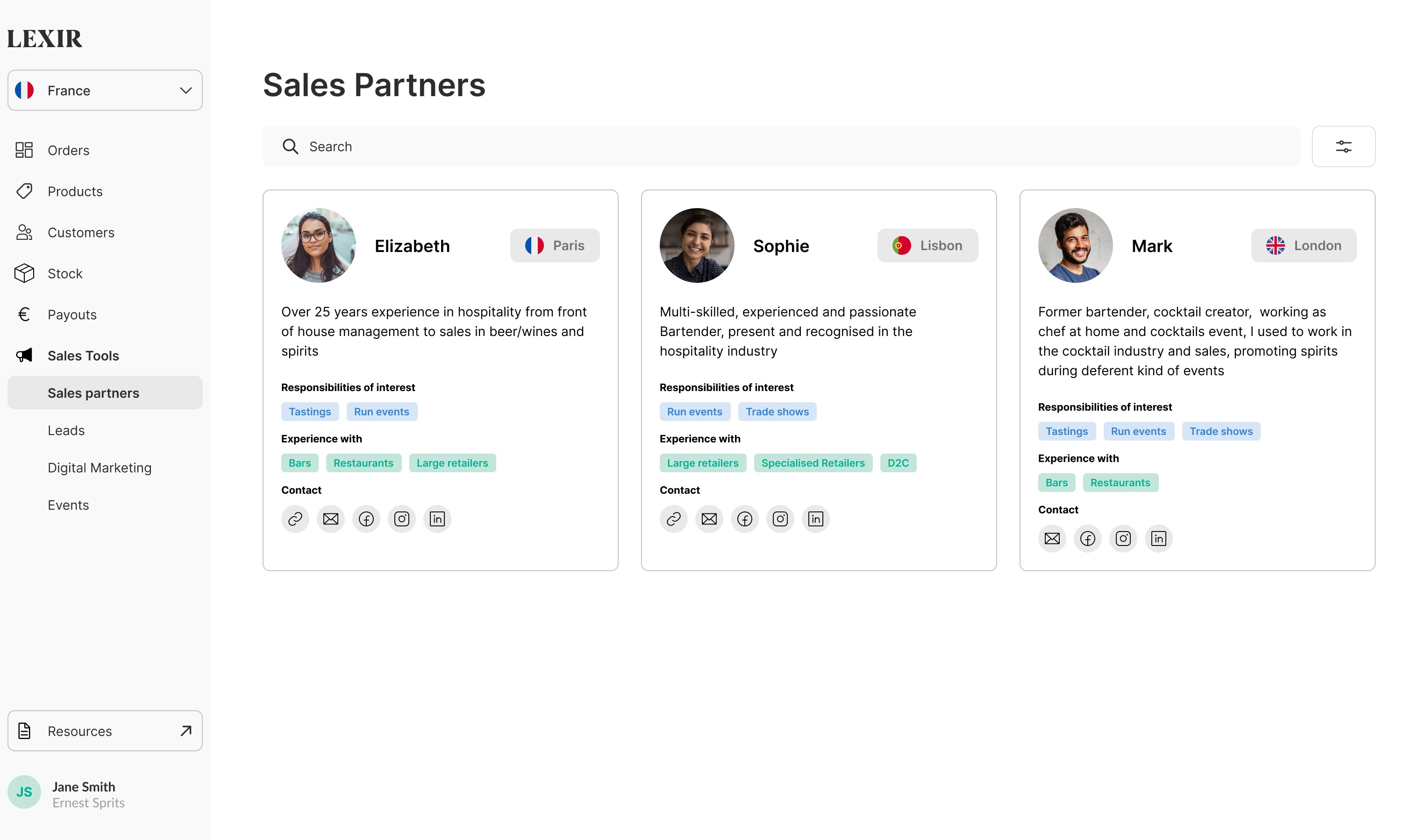 Lexir UI sales partners dashboard