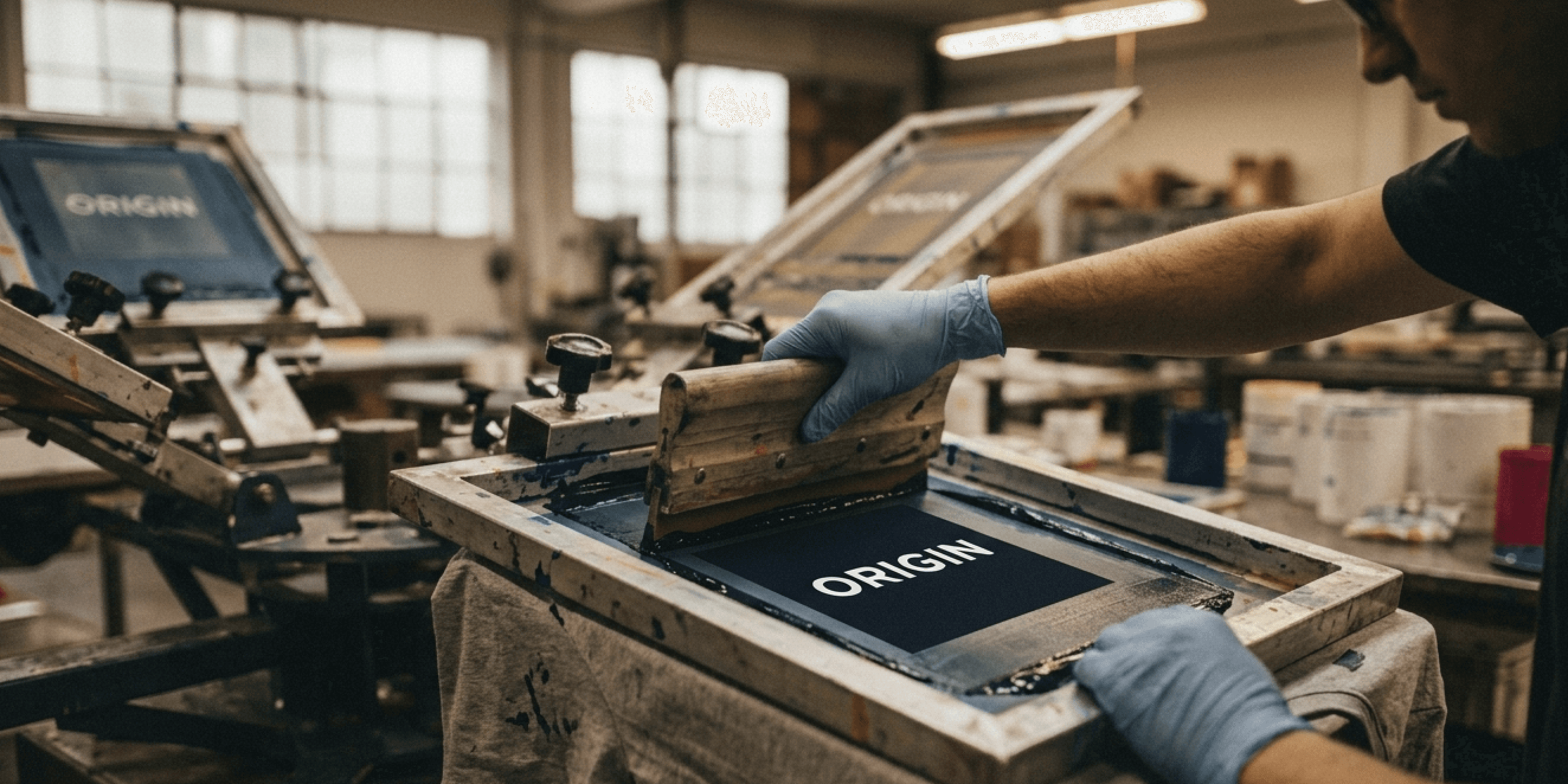 Image of someone doing the manual screen printing of some t shirts