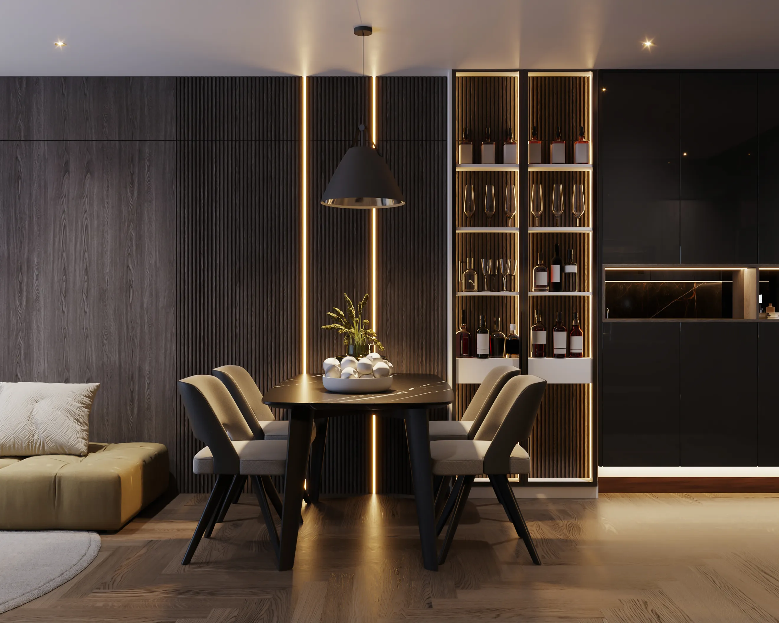Modern dining room featuring a sleek black table, upholstered chairs, and warm ambient vertical wall lighting.